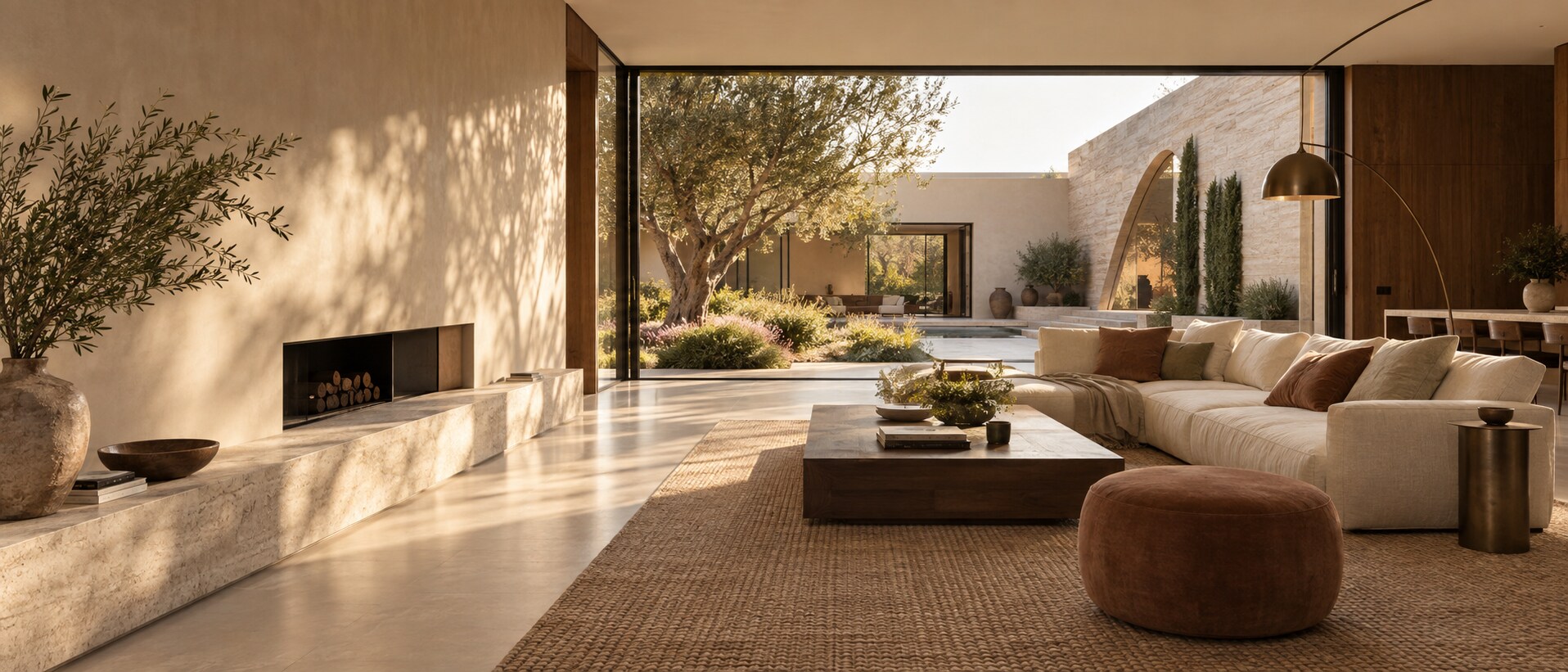 Warm contemporary interior opening toward a landscaped courtyard